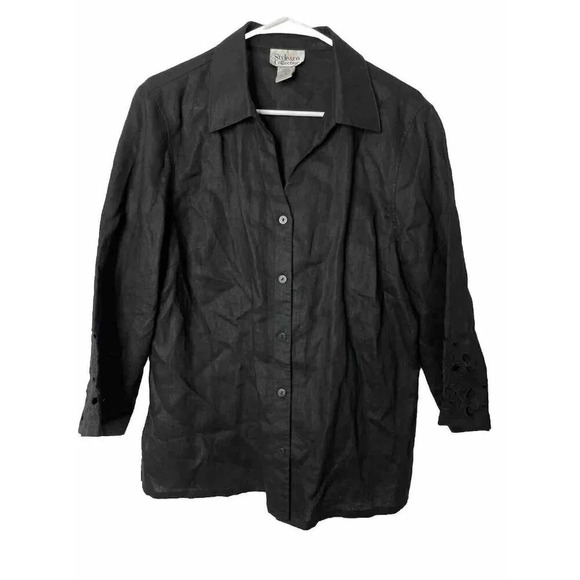 Style & Co Collection Linen Shirt 16 Button Up Embroidered Floral Eyelet Sleeves - Picture 1 of 6